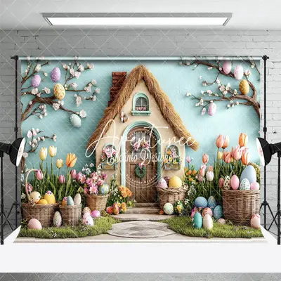 Aperturee Colorful Eggs Floral Bunny Hutch Easter Backdrop, 3X2FT(1MX0.6M), 14 USD, easter backdrops, ENHD3J07-M