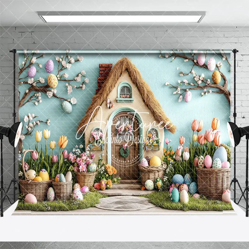 Aperturee Colorful Eggs Floral Bunny Hutch Easter Backdrop, 3X2FT(1MX0.6M), 14 USD, easter backdrops, ENHD3J07-M