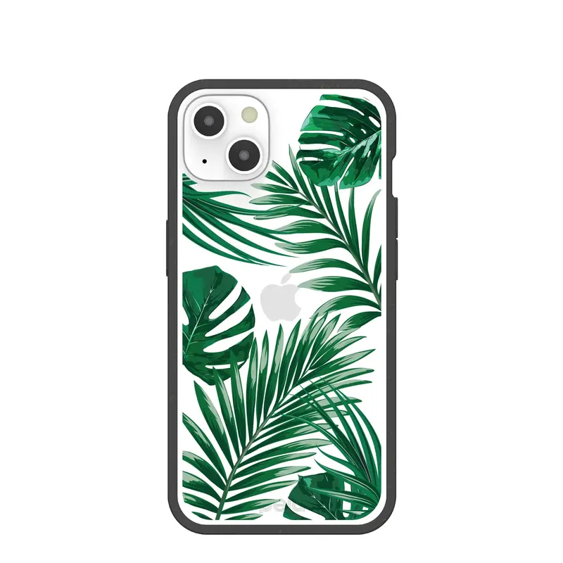 Clear Tropical Leaves iPhone 13 Case With Black Ridge