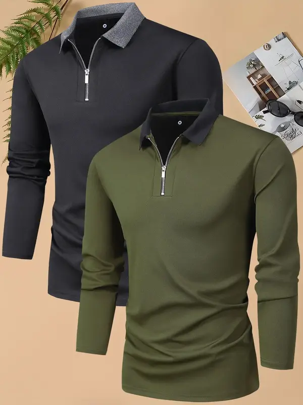 Men's 2pcs Basic Business Colorblock Collared Zipper Long Sleeve Polo Shirt Set, Regular Fit Half Zip Top for Work Office Out...