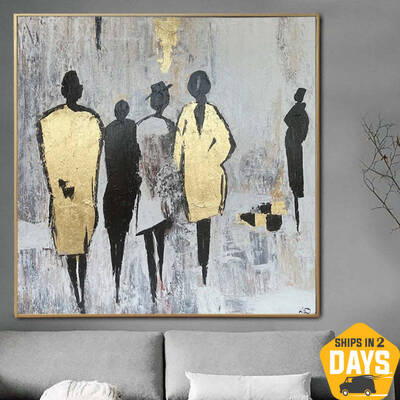 Large Artwork Large Human Abstract Painting Oil Painting Abstract Canvas Art Gold Leaf Painting Gray Painting Room Decor | ST...