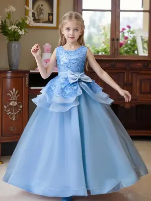 Girl's Appliques Bow Front Tiered Layer Chiffon Party Dress, Elegant Sleeveless Round Neck Contrast Mesh Fit & Flare Dress fo...