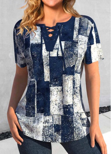 Modlily Navy Lace Up Geometric Print Short Sleeve Blouse - M