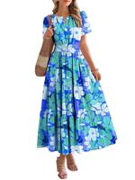 BTFBM Summer Dresses for Women 2025 Floral Casual Short Sleeve V Neck Elastic Waist Maxi Wedding Guest Dress Pockets