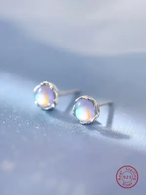 925 Sterling Silver Moonstone Decor Stud Earrings, Fashionable Earrings for Women & Girls, Trendy All-match & Exquisite Jewel...