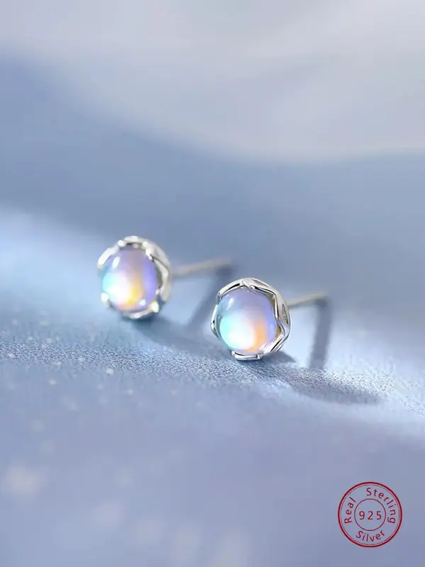 925 Sterling Silver Moonstone Decor Stud Earrings, Fashionable Earrings for Women & Girls, Trendy All-match & Exquisite Jewel...