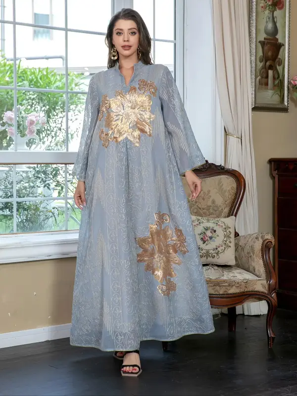 Women's Elegant Floral Long Sleeve Dress, V Neck Mesh Jalabiya Gown, All Season Woven Fabric, Fitted Luxury Style