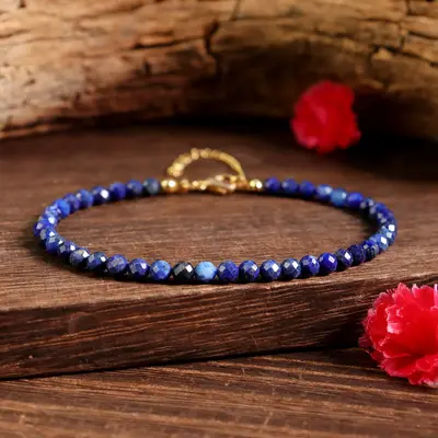 Natural Lapis Lazuli Stone 3mm Tiny Beads Crystal Healing Charka Crystal Dainty Gold-Plated Chain Minimalist Bracelet Gift fo...