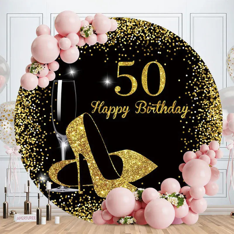 Aperturee Round Glitter Black Gold Happy 50Th Birthday Backdrop | Round Backdrop Stand Covers | Round Backdrop Cover Diy | Ci...