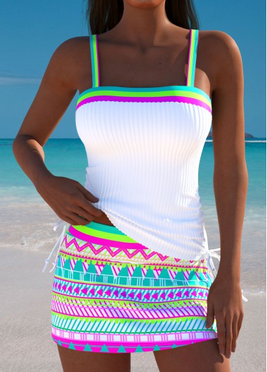Modlily Mid Waisted Geometric Print Multi Color Tankini Set - L