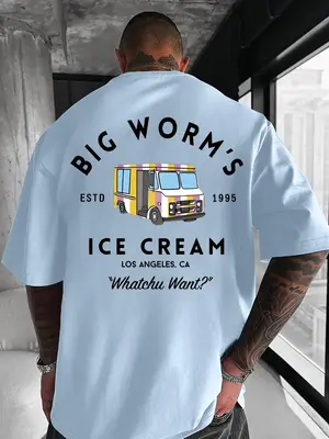 Men's Cartoon Ice Cream Truck & Letter Print Round Neck Tee, Loose Street Fashion Casual Short Sleeve T-shirt for Daily Wear,...