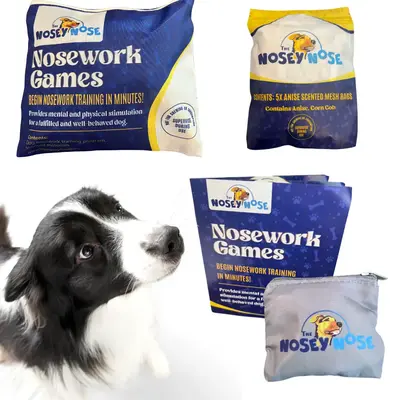 The Nosey Nose Dog Nosework Scent Training Kit with 5 Anise Scented Zipper Pouches, Bag, and Instructional Brain Puzzle Games