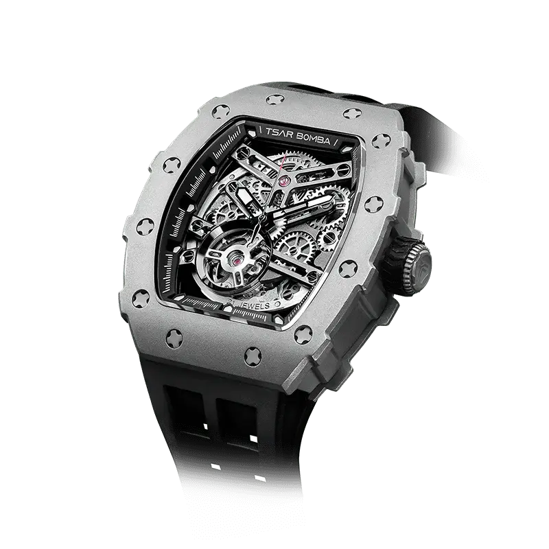 TSAR BOMBA Elemental Series Black Men's Automatic Mechanical Watch 閳ワ拷Titanium Bezel, Stainless Steel Case, Skeleton Di...