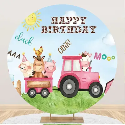 Cute Farm Animal Truck Round Round Birthday Backdrop - Aperturee