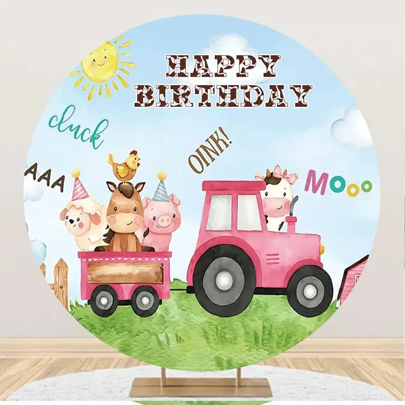 Cute Farm Animal Truck Round Round Birthday Backdrop - Aperturee