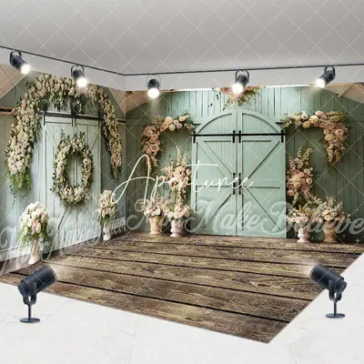 Aperturee Green Barn Door Floral Wedding Room Set Backdrop, 7 x 7 ft / 10 x 7 ft / 10 x 7 ft, 247.5 USD, room set backdrops, ...