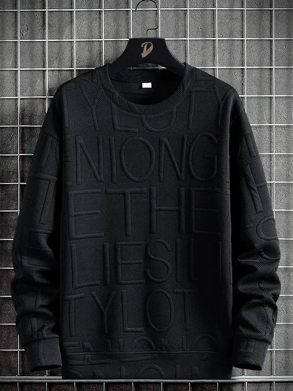 Unisex Men's Letter Textured Design Round Neck Sweatshirt, Fashion Casual Regular Fit Lounge Crew Neck Long Sleeve Pullover ...