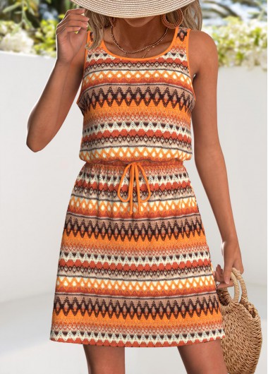 Modlily Orange Drawstring Tribal Print Short Sleeveless Scoop Neck Dress - XXL