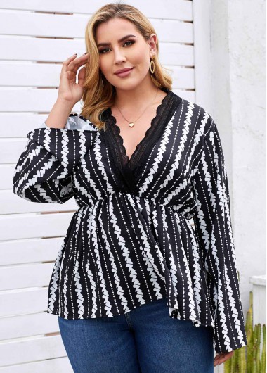 Modlily Plus Size Lace Trim Printed Blouse - L