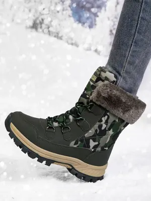 Women's Winter Outdoor Thermal Lined Hiking Shoes, Warm & Non-slip Snow Boots, Casual Sporty Lace Up High Top Shoes for Outdo...