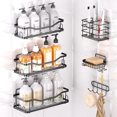 6 Pack Shower Caddy Shelf Bathroom Shower Organizer Rack No Drilling Multifunctional Organizer,Self Adhesive Black Bathroom S...