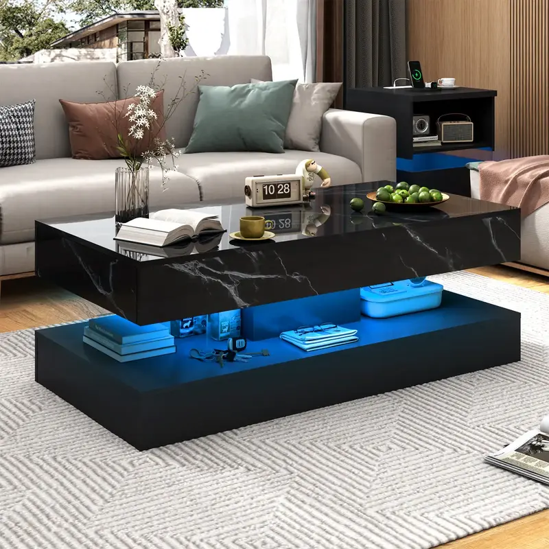 LED Coffee Table with 2 Storage Drawers, Modern High Gloss Black Coffee Table w/20 Colors LED Lights, 2 Tiers Rectangle Cente...