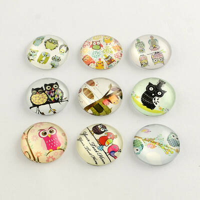 Cartoon Owl Pattern Flatback Half Round/Dome Glass Cabochons for DIY Projects