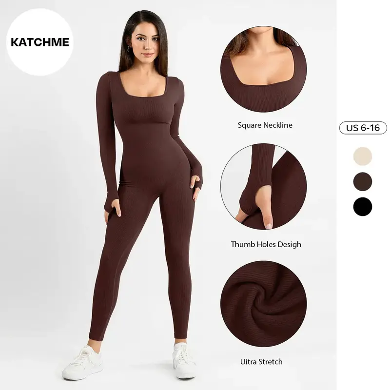 KatchMe Womenswear Workout Solid Color U Neck Seamless Long Sleeve Yoga Jumpsuit,Jumpsuit for Daily Outdoor Wear,Plain Thumb ...