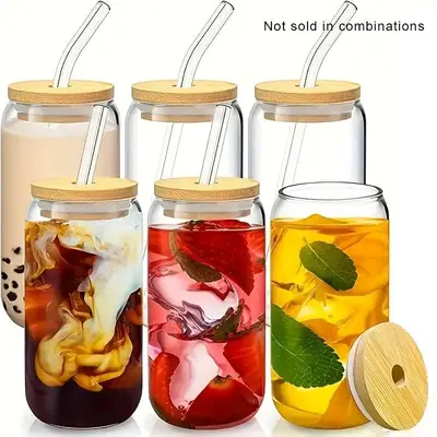Transparent Glass Cup with Straw & Lid, 1 Count Portable Ice Coffee Mug, Drinking Serving Cup for Home, Kitchen, Office