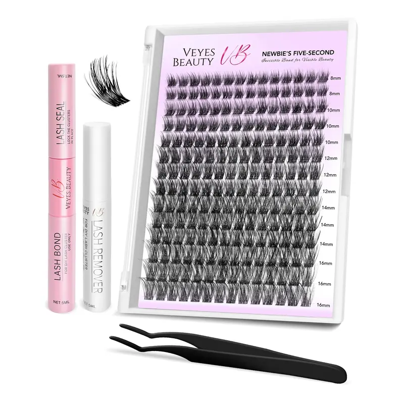 VEYESBEAUTY Dreamy Cluster Lashes Kit Individual Lash Extensions With Bond & Seal+ Tweezer Newbie's Five-Second DIY Dramatic ...
