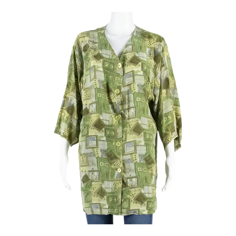 HANNY+TAREK BAGHDADI Womens Printed Blouse Green 3/4 Sleeve Silk Crazy Pattern L