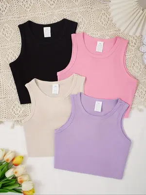 Solid Color Ribbed Tank Top for Girls, Casual Sleeveless Top for Daily Wear, Kids Clothes for All Seasons