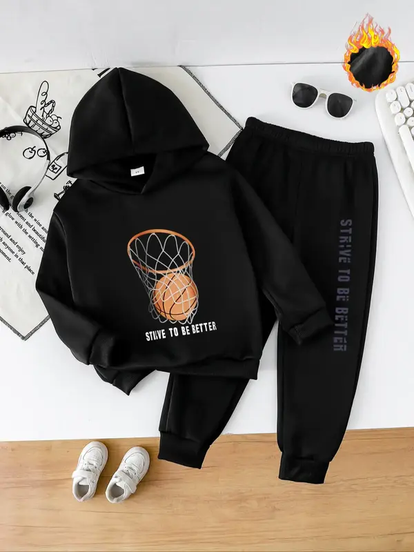Boys' Fashion Basketball Print Hooded Sweatshirt Set, Thick Warm Winter Casual, Fitted Long Sleeve Top & Side Stripe Pants