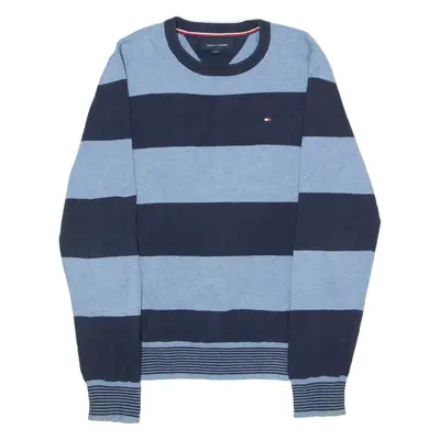 TOMMY HILFIGER Mens Patterned Jumper Blue Striped Crew Neck Tight Knit M