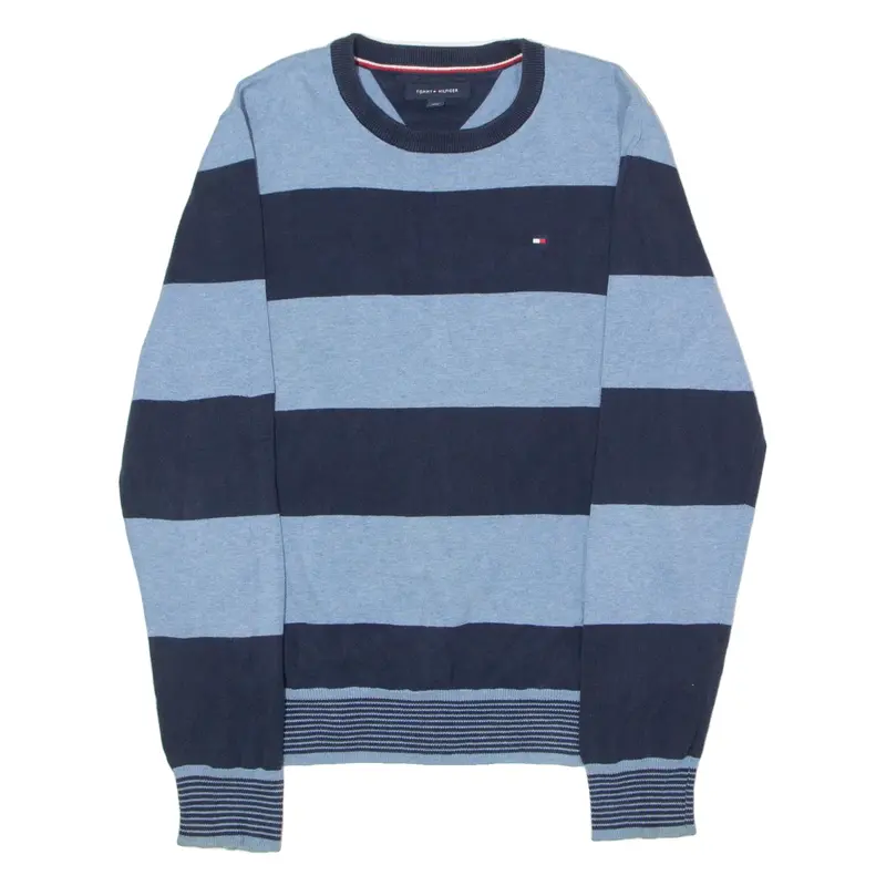 TOMMY HILFIGER Mens Patterned Jumper Blue Striped Crew Neck Tight Knit M