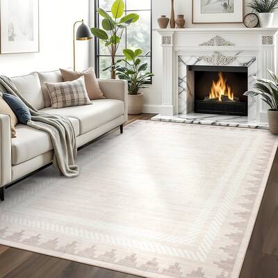 Garvee Washable Rugs 5x7 Cream Rug Solid Bordered Geometric Rugs for Living Room, Modern Neutral Carpet with Non Slip TPR Bac...