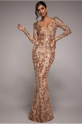 Goddiva Embroidered Sequin & Mesh Maxi Dress - Champagne