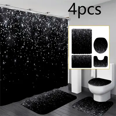 Starry Sky Shower Curtain & Non-slip Bath Mat & U-shaped Commode Contour Rug & Toilet Lid Mat Set (4 Counts/set)/Only 1 Count...
