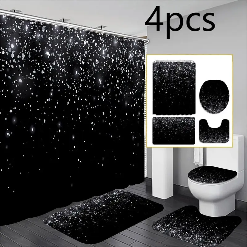 Starry Sky Shower Curtain & Non-slip Bath Mat & U-shaped Commode Contour Rug & Toilet Lid Mat Set (4 Counts/set)/Only 1 Count...
