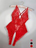 Women's Heart Rhinestone Decor Criss Cross Backless Sexy Lace Bodysuit, Regular Fit Elegant Adjustable Strap Scallop Trim Bod...