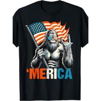 T - Shirt with a Fun Twist: Iconic Bigfoot Figure Holding Flag and Making Hand Gesture with 'Merica' for a Light - hearted Pa...