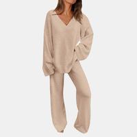 PrettyGarden Women's Casual 2-Piece Lounge Set Soft Chunky V Neck Tops Wide Leg Long Pants Basic Tracksuit Lounge Wear Minima...