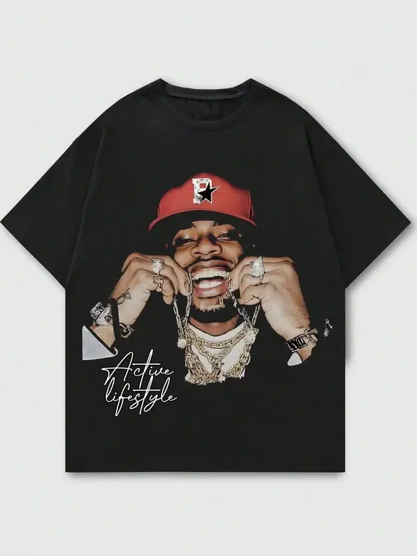 Men's Figure & Letter Print Round Neck Tee, Regular Fit Casual Drop Shoulder Short Sleeve T-shirt, Men's Summer Top for Daily...