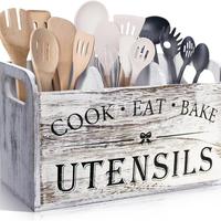 Wooden Cooking Utensils Storage Rack, 1 Count Kitchen Utensils Holder with 3 Compartments, Kitchen Utensils Cutlery Storage B...