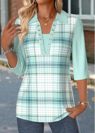Modlily Mint Green Plaid 3/4 Sleeve T Shirt - M