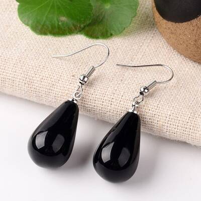 Natural Dyed & Heated Black Agate Teardrop Dangle Earrings