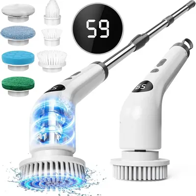 Wireless Electric Rotating Cleaning Brush, LED Display Adjustable Speed, 7 Interchangeable Heads, Long Handle, Bathroom Floor...