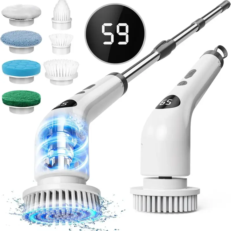 Wireless Electric Rotating Cleaning Brush, LED Display Adjustable Speed, 7 Interchangeable Heads, Long Handle, Bathroom Floor...