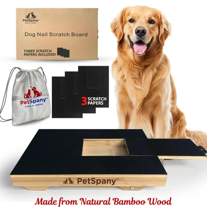 PetSpany Dog Nail Scratch Board 14.55x10.39 inch (37x26.4 cm) - Bamboo Wood Scratch Pad with Treat Box - Stress-Free Dog Scra...
