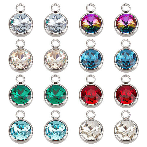 16Pcs 8 Colors Glass Charms